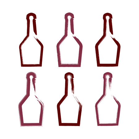 Set of hand-drawn simple empty bottle of rum, collection of symmetric brush drawing bottle icons, hand-painted silhouette of pirate bottles isolated on white background.のイラスト素材