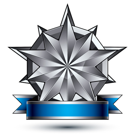 Glamorous vector template with polygonal silver star symbol, best for use in web and graphic design. Conceptual heraldic icon with wonderful smooth strip, clear eps8 vector.のイラスト素材
