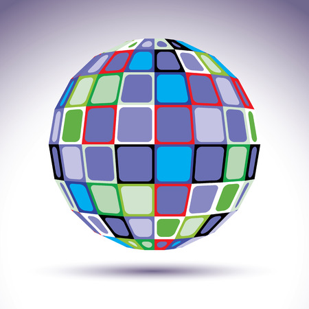 Turquoise spherical fractal object, 3d globe. Kaleidoscope orb created from colorful squares and four-side figures with outline.のイラスト素材