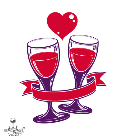 Two wineglasses vector artistic illustration â wedding couple conceptual graphic object. Valentineâs Day celebration theme â stylized goblet with red heart and beautiful wavy ribbon.のイラスト素材