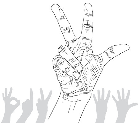 Numbers hand signs set, number three, detailed black and white lines vector illustration, hand drawn.のイラスト素材