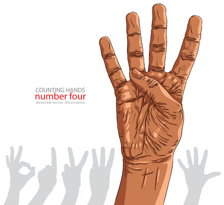 Numbers hand signs set, number four, African ethnicity, detailed vector illustration.のイラスト素材