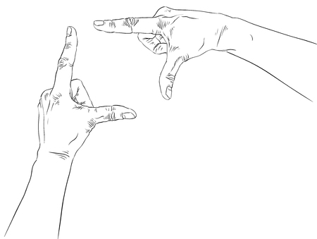 Hands shaped in viewfinder, detailed black and white lines vector illustration, hand drawn.のイラスト素材