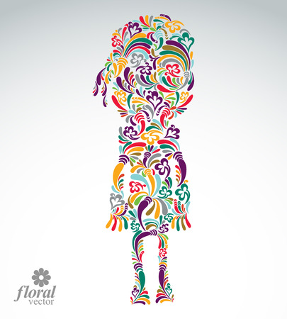 Beautiful woman standing, vector art illustration of a cute girl. Floral image of a female, for use in graphic design.のイラスト素材