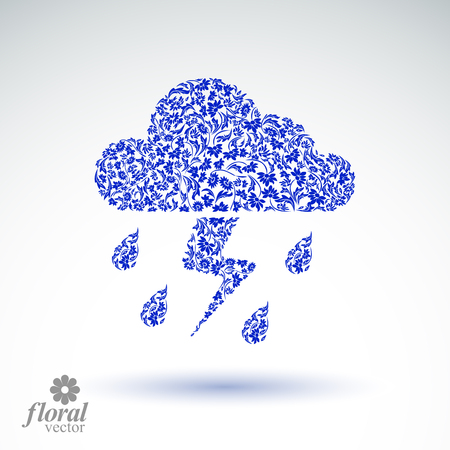 Thunder and lightning vector meteorology pictogram. Weather forecast flower-patterned marking â stylized weather conditions symbol. Storm cloud with falling drops of rain.のイラスト素材
