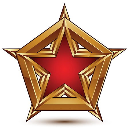 Geometric vector classic golden element isolated on white backdrop, dimensional decorative red star with golden borders, shaped blazon.のイラスト素材