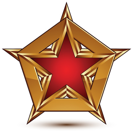 Glamorous vector template with pentagonal red star with golden outline placed on a polygonal object, graphic design attribute. Conceptual decorative icon, clear eps8 vector seal.のイラスト素材