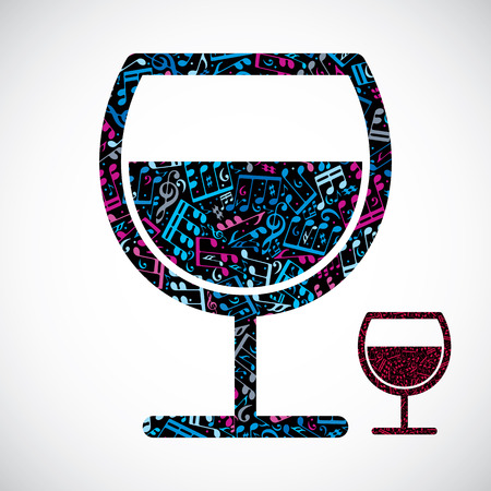 Decorative colorful vector half full wineglass filled with musical notes isolated on white background.のイラスト素材