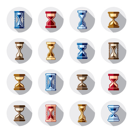 Stylized sand-glass illustrations. Set of antique classic hourglasses, clocks collection. Time idea icons isolated.のイラスト素材