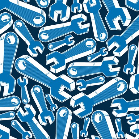 Seamless background with detailed 3d wrenches. Work tools, three-dimensional spanners. Repair instruments backdrop, for use in design and as wrapping paper.のイラスト素材