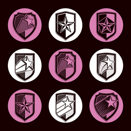 Heraldry, set of military forces emblems. Detailed shields with pentagonal star, sheriff decorative blazon.のイラスト素材
