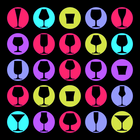 Colorful drinking glasses collection. Set of alcohol theme simple illustrations. Celebration elements, best for use in graphic and web design.のイラスト素材