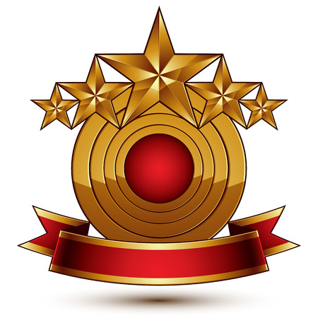 3d vector classic royal symbol with sophisticated five golden stars and red decorative wavy ribbon, glossy golden element isolated on white background. Elegant blazon.のイラスト素材