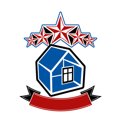 Simple house with five stars and classic ribbon. VIP apartment conceptual icon. Aristocratic building, decorative design element.のイラスト素材