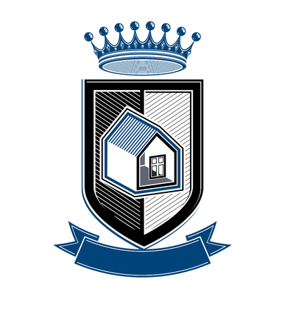 Imperial coat of arms, royal house conceptual symbol. Protection shield with 3d king crown. Majestic heraldic design element.のイラスト素材