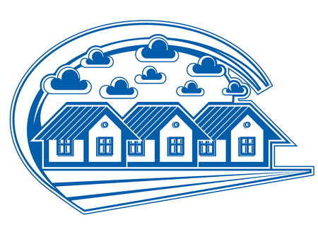 Houses detailed illustration, village idea. Graphic country houses image, simple countryside buildings.のイラスト素材