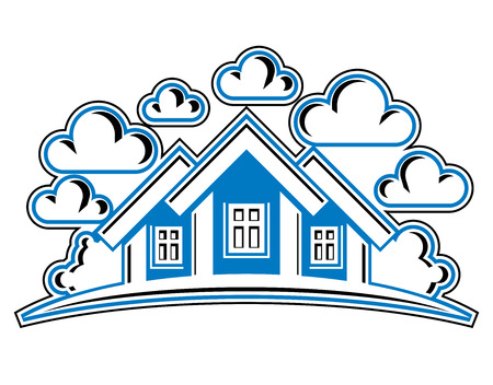 Houses detailed illustration, village idea. Graphic country houses image, simple countryside buildings.のイラスト素材