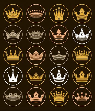 Set of 3d golden royal crowns isolated. Majestic classic symbols, coronet collection. Web and graphic elements.のイラスト素材