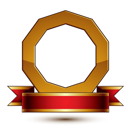Design vector golden ring template with red curvy ribbon, 3d round aristocratic badge isolated on white background. Eps8 sophisticated escutcheon.のイラスト素材