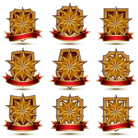 Set of geometric vector glamorous golden elements isolated on white backdrop, 3d polished stars, protection shields with red ribbon. Five stars branded symbols collection.のイラスト素材