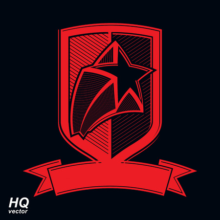 Vector military shield with pentagonal comet star, protection heraldic sheriff blazon. Ussr communistic conceptual symbol. Forces graphical coat of arms. Soviet Union theme.のイラスト素材