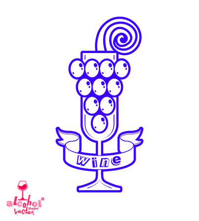 Sparkling wine vector illustration. Stylized empty wineglass with grape vine and beautiful ribbon, racemation symbol best for use in advertising and graphic design.のイラスト素材
