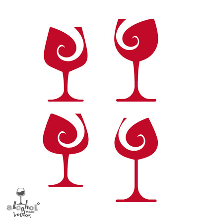 Beautiful vector sophisticated wine goblets, alcohol theme illustrations set. Stylized art wineglasses, romantic rendezvous idea. Lifestyle graphic design elements.のイラスト素材
