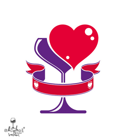 Vector art illustration of wineglass with two loving hearts â wedding couple concept. Alcohol theme graphic elements â stylized goblet with decorative curvy ribbon, eps8.のイラスト素材
