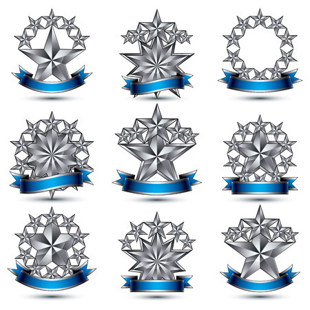 Set of silvery heraldic 3d glossy icons, best for use in web and graphic design, pentagonal silver stars, clear EPS 8 vector luxury symbols.のイラスト素材