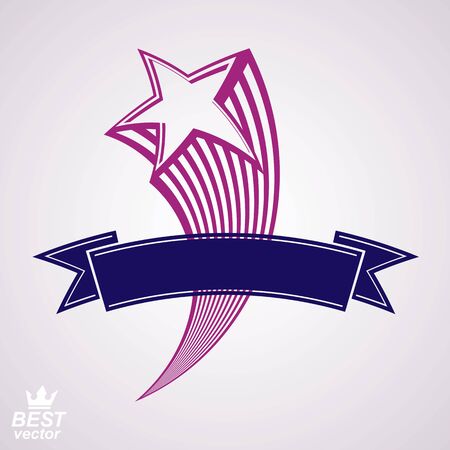 Comet, 3d flying star with decorative ribbon. Military stylized icon. Vector festive classic graphic design element.のイラスト素材