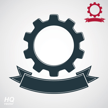 Vector conceptual industry system design element, cog wheel, gear with a decorative curvy ribbon. High quality business icon â 2 versions. Best engineering project award conceptual symbol.のイラスト素材