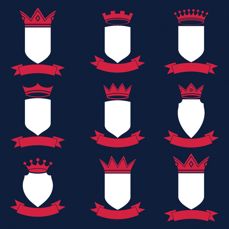 Collection of empire design elements. Heraldic royal coronet illustration. Set of luxury vector shields with king crown and undulate festive ribbon.のイラスト素材