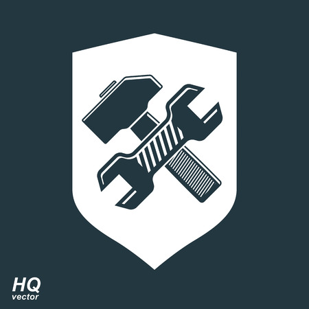 Repair conceptual vector icon, heraldic workshop and technical service symbol. Hammer and wrench crossed design graphic element. Vector grayscale defense shield.のイラスト素材
