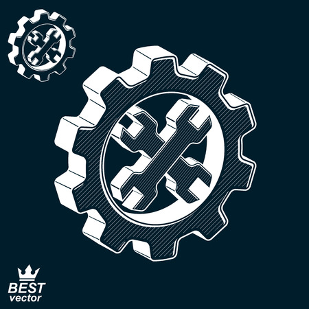 Dimensional cog wheel with two spanners crossed vector illustration. 3d engineering design element â manufacturing tools. Repair theme icon.のイラスト素材