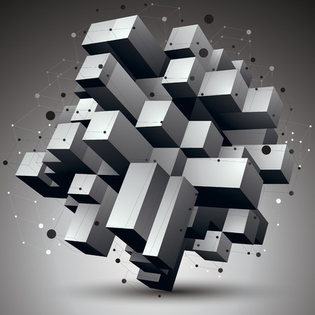 Contemporary technology black and white stylish architectural construction, abstract 3d figure with connected lines and dots.のイラスト素材