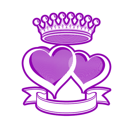 Two loving hearts vector illustration with imperial crown. Royal couple elegant symbol isolated on white background. Valentineâs day romantic design element, best for use in advertising.のイラスト素材