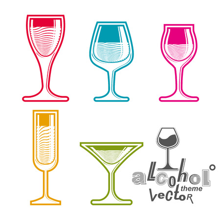 Colorful glasses collection %u2013 martini, wine, cognac, whiskey and champagne. Alcohol theme creative illustrations. Entertainment elements, best for use in graphic and web design.のイラスト素材