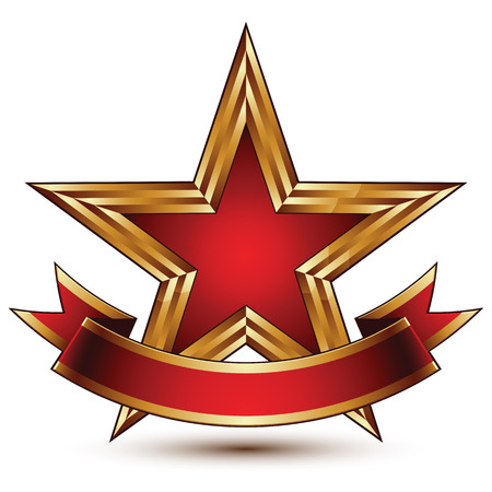 Glamorous vector template with pentagonal golden stars, best for use in web and graphic design. Conceptual heraldic icon with red curved ribbonのイラスト素材