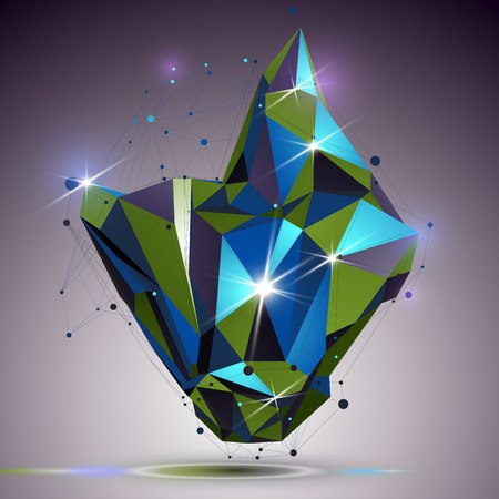 Creative asymmetric polished object with lines mesh. 3d colorful shiny complicated engineering abstraction with lights effect. Bright netting modeling element.のイラスト素材