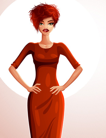 Sexy coquette Caucasian woman with her hands akimbo, full-length portrait. Attractive red-haired lady with a stylish makeup isolated on white background.のイラスト素材