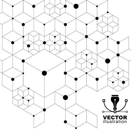 3d spatial lattice covering, black and white complicated op art background with geometric shapes. Science and technology theme. Lace monochrome abstraction.のイラスト素材