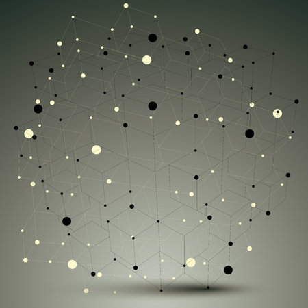 Asymmetric 3D abstract construction with black and white connected lines and dots, geometric form with lattice structure.のイラスト素材