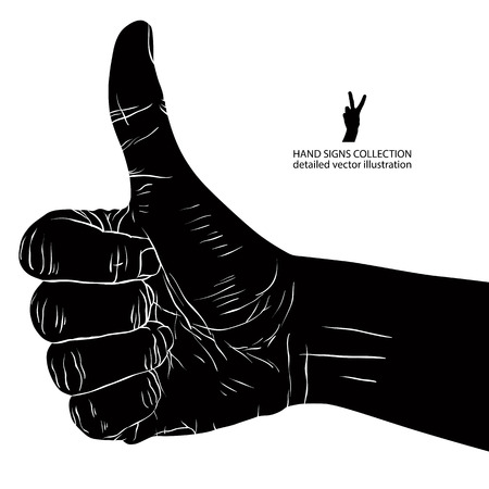 Thumb up hand sign, detailed black and white vector illustration.のイラスト素材