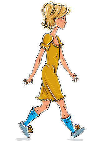 Bright vector full-length hand-drawn Caucasian teen, colorful side view drawing of pretty young walking fair-haired girl, multicolored illustration of a stepping girl wearing yellow dress and blue socks.のイラスト素材