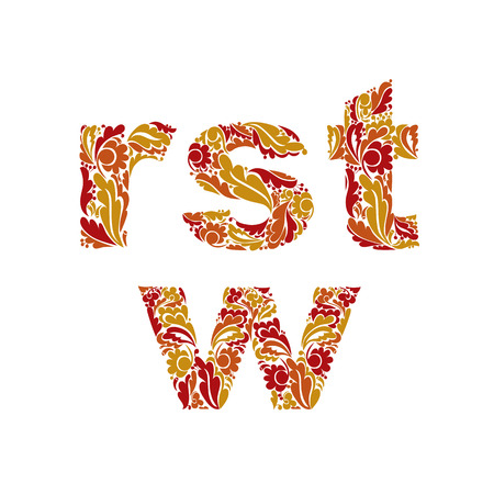 Stylish script with herbal ornament. Beautiful font with floral pattern, r, s, t, w.のイラスト素材