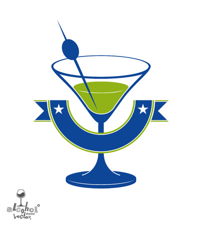 Martini glass with olive berry and decorative ribbon, alcohol and entertainment theme illustrationのイラスト素材