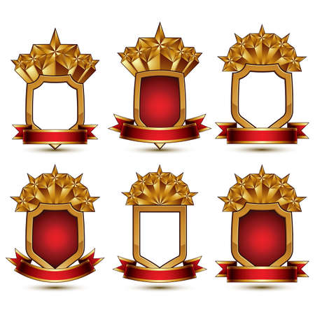 Set of geometric glamorous golden elements isolated on white backdrop, 3d polished stars, protection shields with red ribbonのイラスト素材