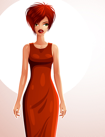 Sexy coquette white-skin woman wearing an elegant dress, full body portrait. Attractive lady with a stylish makeup isolated on white background.のイラスト素材