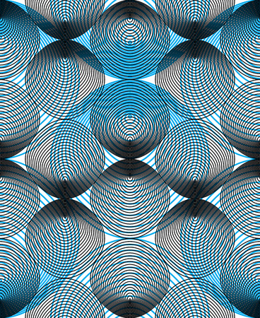 Colorful illusive abstract seamless pattern with overlapping geometric shapes. Vector symmetric lined transparent backdrop.のイラスト素材