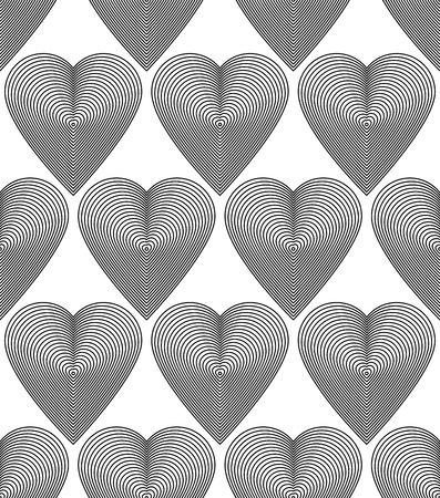 Ornate vector monochrome abstract background with black lines. Symmetric decorative pattern, geometric Valentine theme illustration decorated with romantic hearts.のイラスト素材